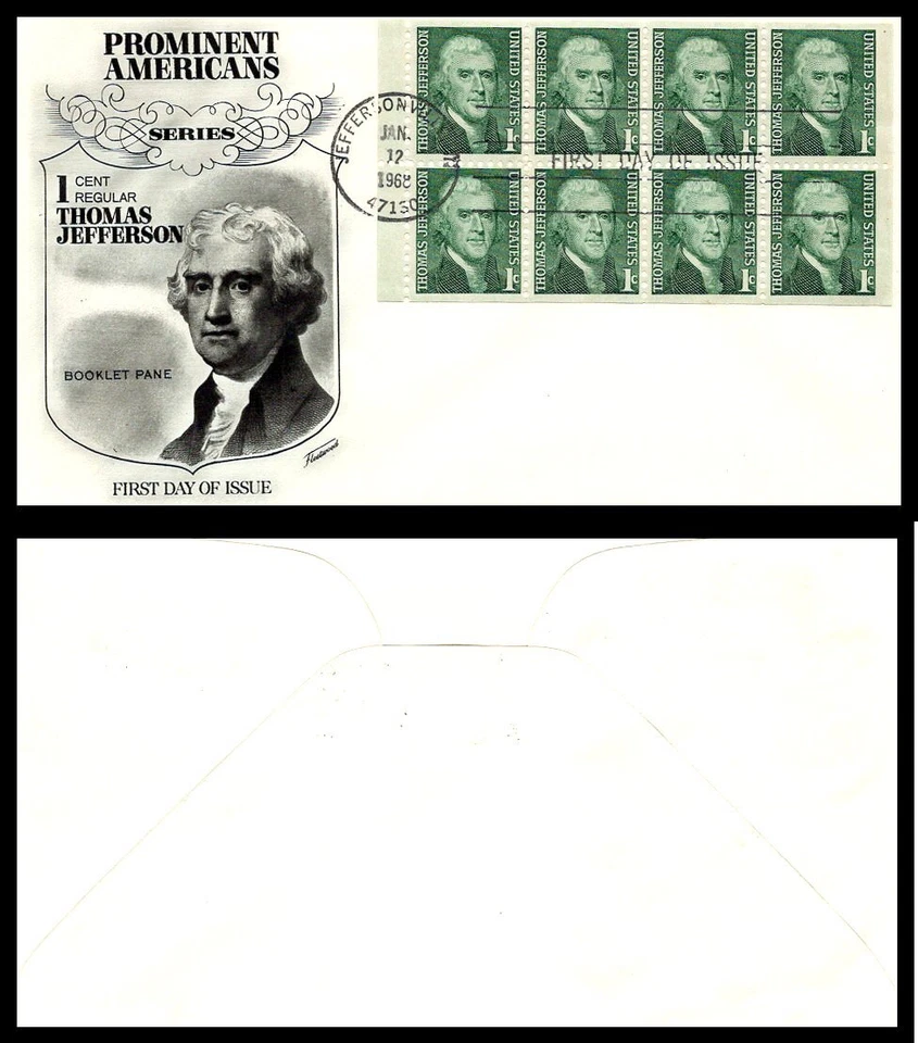 US FDC # 1278a 1c Thomas Jefferson pane of 8 Fleetwood   1968, 9p6345 - Image 1 of 1