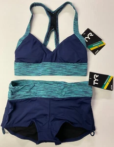 NWT Women’s TYR Sonoma Open Back Bikini & Boy Shorts Swim Suit Set Navy/Green XS - Picture 1 of 10