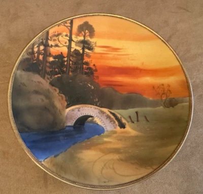 Antiguo Nipón Puesta de Sol Árbol Paisaje Pintado a Mano Pequeño Plato 8.5" Naranja Puente Foto 1 de 3