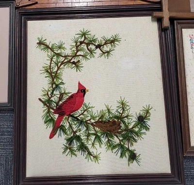 Vintage 1976 Cardinal Bird Sunset Needlecraft Crewel Embroidery 19”x21” Framed - Image 1 of 4