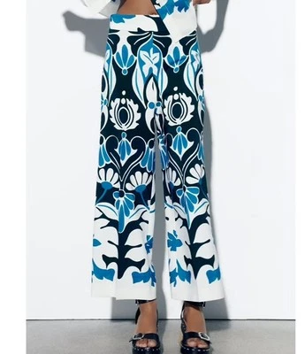 Zara Retro Floral High Waisted Wide Leg Printed Pants Blue Boho Grecien XL - Image 1 of 4