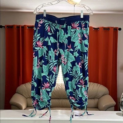 Pantalones capri florales para mujer Caribbean Joe - azul y verde talla pequeña PL Foto 1 de 4