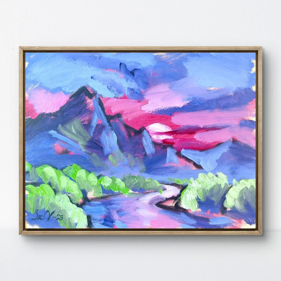 Pintura al óleo original 12x16 lienzo puesta de sol río valle neoexpresionista Foto 1 de 4