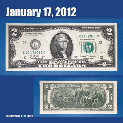 January 17, 2012 Birthday Anniversary $2 Two Dollar Bill Serial Number 01172012 - Image 1 of 2