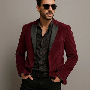 Structure Collection Men Small Burgundy Velvet Glamour Dandy Blazer Jacket - Picture 1 of 8