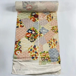 JAPANESE KIMONO FABRIC CLOTH BOLT CREAM FINE PATTERN PURE SILK AA0546 - Picture 1 of 5