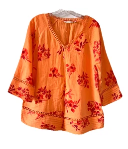 SOFT SURROUNDINGS Size L Floral Cotton V-Neck Top Orange Quarter Sleeve - Picture 1 of 6