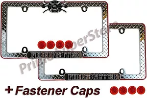 2 Pack Firefighter Fire Department Diamond Metal License Plate Frame/Tag Pair - Bild 1 von 3