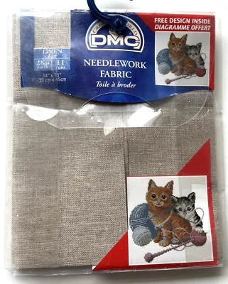 DMC Tan Linen Counted Cross Stitch Needlework Fabric 28 ct  14x18+Kitten Pattern - Image 1 of 2