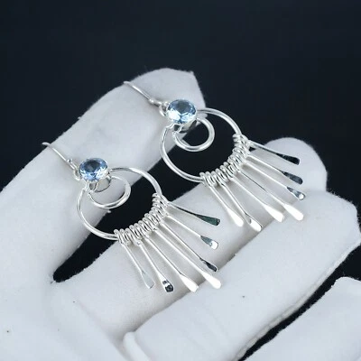 Topazio Blu Gemma a Mano 925 Orecchini Argento Sterling Per Compleanno Regali - Immagine 1 di 4