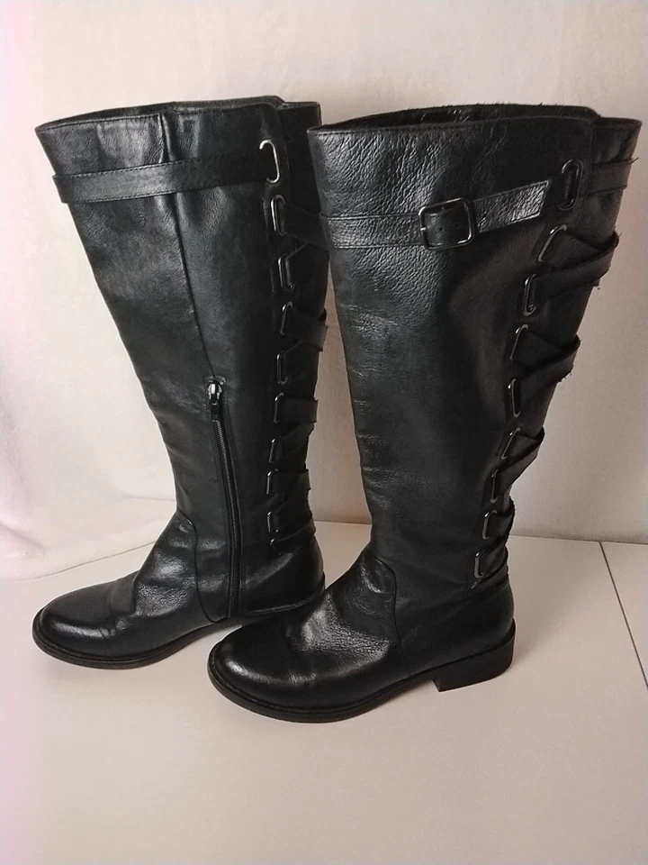 Yellow Box Women's Katheron Tall Black Laced Leather Boots Side Zip Size US 7 - Image 1 of 4