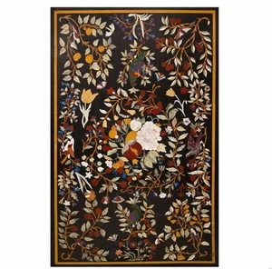 Luxury Marble Inlay Pietra Dura Table Top - 60" x 36" Handcrafted Floral Design - Picture 1 of 7