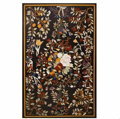 Luxury Marble Inlay Pietra Dura Table Top - 60" x 36" Handcrafted Floral Design - Image 1 of 4