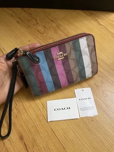 COACH Double Corner Zip Signature Wristlet with Rainbow Stripes NWT! - Picture 1 of 9
