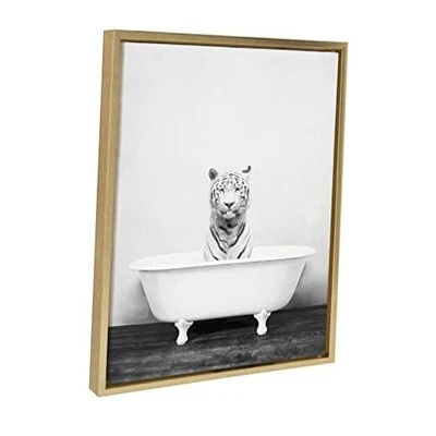  Arte de pared en lienzo Sylvie White Tiger en bañera enmarcado por Amy 18"L x 24"W dorado Foto 1 de 4