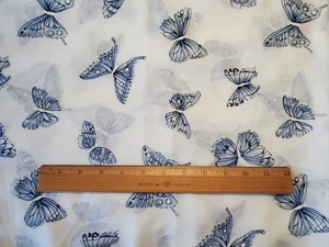 Vintage Sheer White Cotton Fabric Printed Blue Butterflies 2 Yards Embossed - Picture 1 of 3