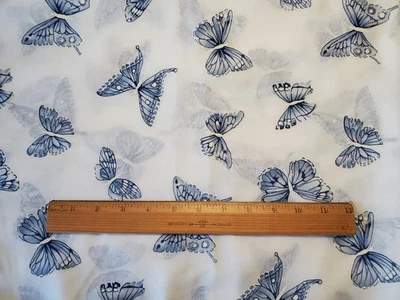 Vintage Sheer Butterfly on White Cotton Fabric Printed Blue 2 Yards Embossed - Image 1 of 3