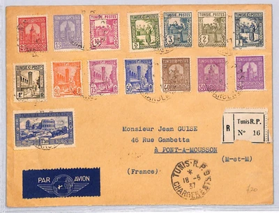 TUNISIA Registered Air Mail Cover 1937 France Cols Stamps {samwells)YF276 - Image 1 of 4