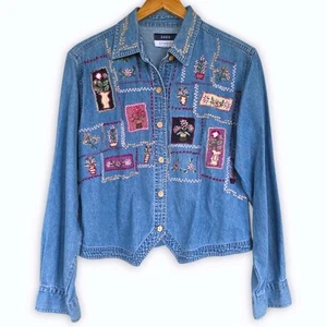 Vintage Sara Studio Embroidered Plants Chambray Button Up Blue Denim Shirt Large - Picture 1 of 14