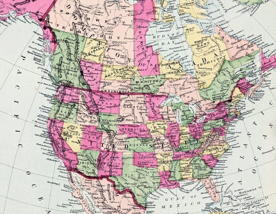 Mapa de América del Norte 1887 ORIGINAL (12X9) CANADÁ - ESTADOS UNIDOS - ALASKA Foto 1 de 4