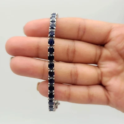 Brazalete Tenis Diamante Zafiro Azul Natural 15.00 Ct Oro Blanco Sólido 14K 7.5" Foto 1 de 4