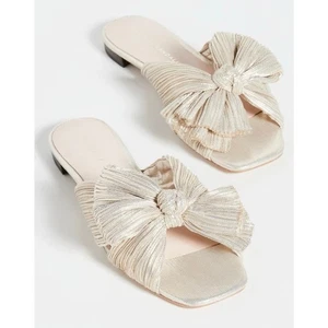 LOEFFLER RANDALL Daphne Bow Slide Sandal Womens 12 Gold Pleated Lame Mule NEW - Picture 1 of 11