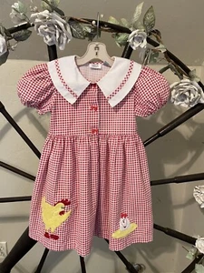 ✅Vtg 90s Little Tifanny Red White Check Farm Dress Yellow Chicken Egg Girls sz 6 - Picture 1 of 16