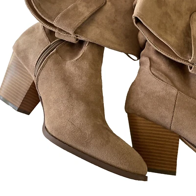 Lilliana Knee-high BEIGE  Beige  suede 3" stacked heel boots 8 1/2 pointed toe - Image 1 of 4