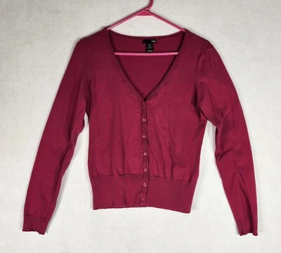 H&M Women's Size Medium Dark Pink Cardigan Sweater Ribbed, Long Sleeve 32" Chest - Image 1 of 4
