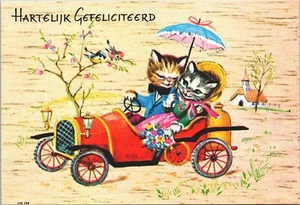 Gatos antropomórficos abrazando pareja en coche feliz cumpleaños postal vintage BP8 - Imagen 1 de 2