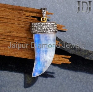 Natural Rainbow Moonstone Gems Pave Diamond 925 Silver Designer Chain Pendant - Picture 1 of 4