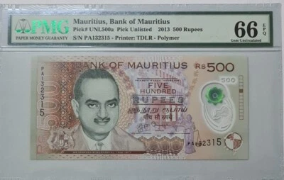 2013 MAURITIUS 500 Rupees PMG66 EPQ GEM UNC @ First Prefix PA - Image 1 of 4