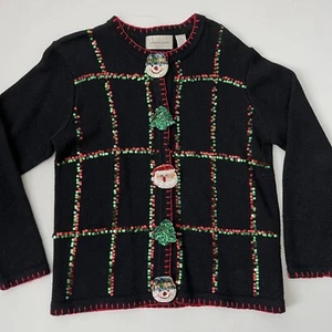 Vintage Lemon Grass Christmas Cardigan Sweater Petite Medium Santa Snowmen - Picture 1 of 6