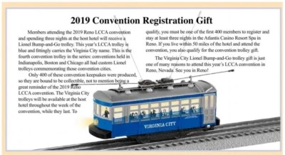 Lionel 6-58047 LCCA 2019 Reno Convention Carson City / Virginia Trolley SEALED - Image 1 of 3