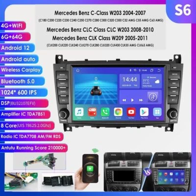 6+64GB Android 13 GPS Autoradio DAB+ CarPlay Mercedes C/CLK/CLC Klasse W203 W209 - Bild 1 von 4