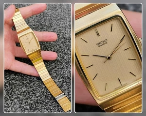 1992 Seiko Quartz Tank Watch, Pinstripe Dial, Yellow Gold-Plated Steel Bracelet - Picture 1 of 22