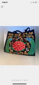 Peacock birds Embroidered Tote Bag, Thai Boho Large Colourful Floral purse nwt’s - Picture 1 of 8
