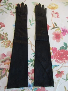 Vintage schwarze Stretch Moire Wasserzeichen 20" Opernhandschuhe von STRETCHIES -- Größe 7 - Bild 1 von 5