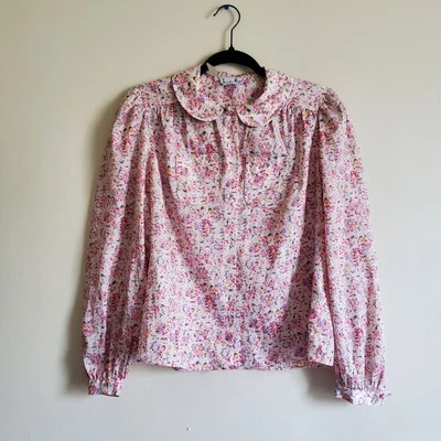 Vintage Leslie Fay Cottagecore Floral Silky Button Down Peter Pan Collar Size M - Image 1 of 4