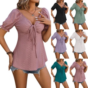 Sexy kurzärmelig einfarbig Damen-T-Shirt Kordelzug Taille - Bild 1 von 30