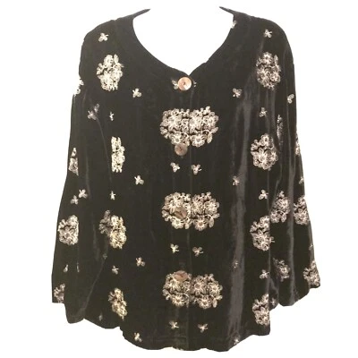 Elegante Top David Dart Botón Negro Rayón Terciopelo Bordado Dorado Talla Pequeña Foto 1 de 4