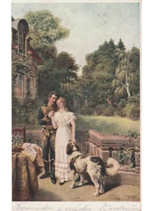 arte in cartolina innamorati ragazza soldato in divisa cane giardino parco villa - Picture 1 of 2