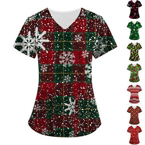 Christmas Women Nursing Uniform Scrub V-neck Short Sleeve Top Pocket Blouse✨