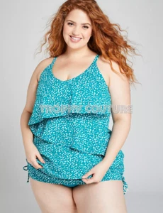 LANE BRYANT CACIQUE SWIM ANIMAL DOT NO WIRE BRA FLOUNCE TANKINI TOP SZ 18 - Picture 1 of 3