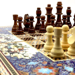 Handmade Custom Patterned Hatemi Backgammon Board and Wooden Chess Pieces - Picture 1 of 9