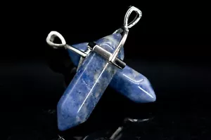 2 Pcs 39x8MM Sodalite Hexagonal Pointed Pendant Grade A Silver Plated Cap - Picture 1 of 3