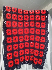 92” X 48” Vintage Handmade Crochet Blue Red Granny Square Afghan Blanket Throw - Picture 1 of 3