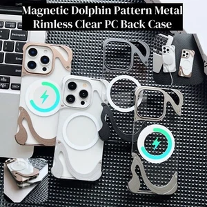 Magnetic Dolphin Pattern Metal Rimless Clear Back Case For iPhone 16 15 Pro Max - Picture 1 of 17