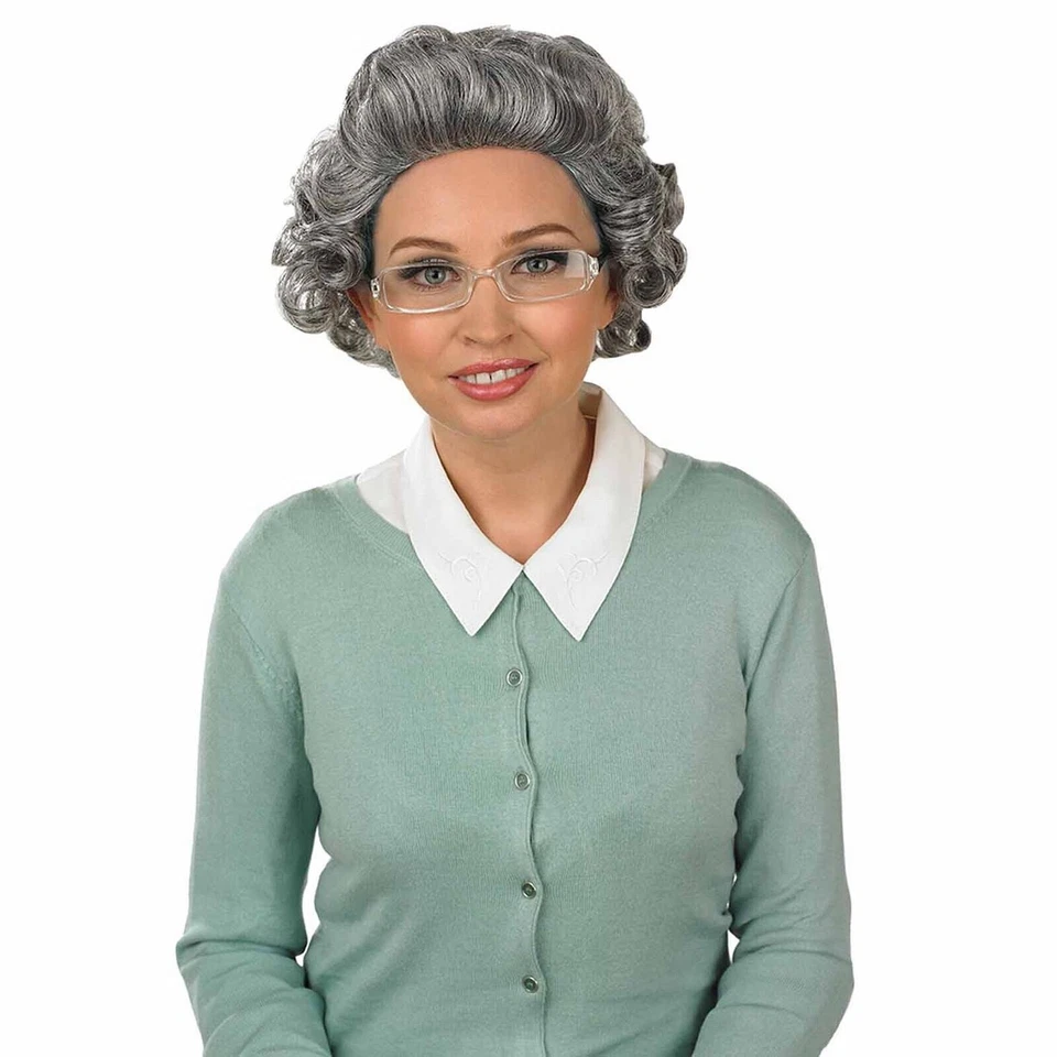 Women` s Curly Gray Granny Wig + Glasses For Old Lady Grandma Mrs Claus Costume - Image 1 of 3