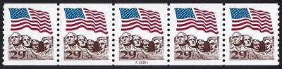 2523A Flag Over Mt. Rushmore 29c PNC strip of 5 Plate A22211 Unused NH - Image 1 of 2